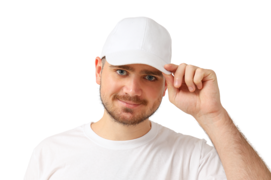 Man in white cap and shirt, smiling, isolated on white, PNG - Powered by Adobe