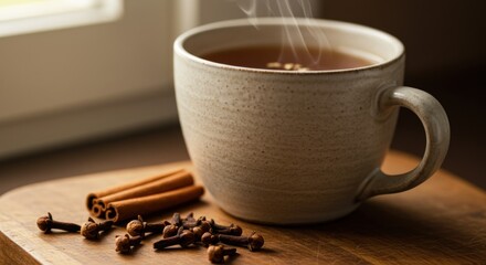 picture of cloves | A steaming cup of tea sits on a wooden table, surrounded by cinnamon sticks and cloves, with soft morning light filtering through a nearby window