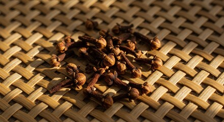picture of cloves | A close-up view of dried cloves scattered on a woven bamboo mat, showcasing their rich texture and color, ideal for culinary and aromatic uses