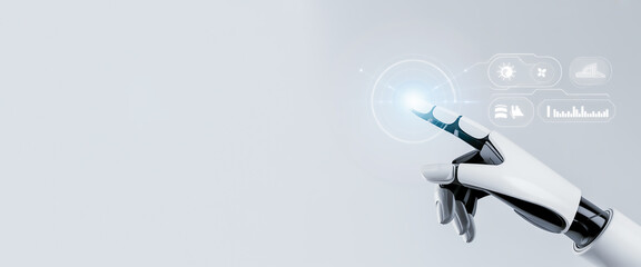 A robot hand touches a digital interface, representing artificial intelligence and automation