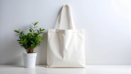 Serene Still Life: White Canvas Tote Bag Mockup with a Vibrant Green Potted Plant.
