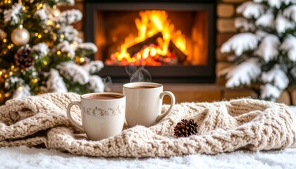 Cozy Winter Respite: Two Steaming Mugs on a Knitted Scarf by a Roaring Fireplace.