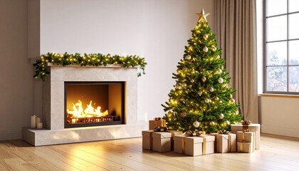 Elegant Holiday Ambiance: Glowing Christmas Tree by a Modern Fireplace.