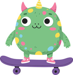 Adorable Cartoon Monster on Skateboard – Cute Fantasy Character in Action Pose, Colorful Urban Lifestyle Artwork for Kids and Fun Design
