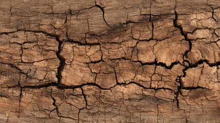 Fototapeta premium Close-up of an intricately cracked wooden surface reveals unique textures and patterns. The aged wood reflects natural elements in a rustic ambiance.
