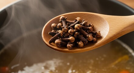 picture of cloves | A close-up of a wooden spoon holding aromatic cloves, steaming broth in the background, showcasing the essence of cooking and flavoring in a cozy kitchen setting