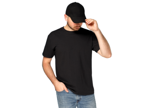 Man in black t-shirt and cap adjusts his hat, isolated on white, PNG - Powered by Adobe