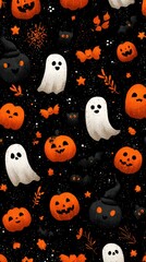 Colorful Halloween pattern featuring ghosts, pumpkins, bats, and stars on a dark background