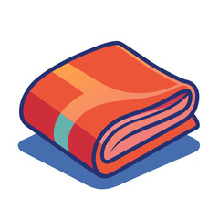 A colorful folded blanket or towel with orange, red, and teal sections, featuring a navy blue border and sitting on a blue shadow base.
