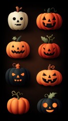 Halloween pumpkins arranged artistically with various designs in a dark setting during fall season