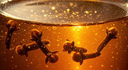 picture of cloves | Close-up view of whole cloves floating in golden liquid, capturing the intricate details of spices and bubbles, ideal for culinary or beverage-related projects
