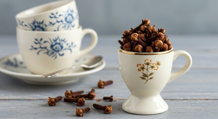 picture of cloves | A delicate arrangement of vintage cups stacked behind a small cup filled with aromatic cloves, set on a rustic wooden table, evoking a cozy kitchen atmosphere