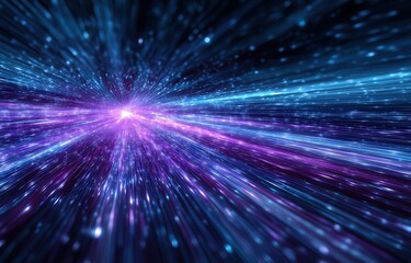 Obraz premium A vibrant digital explosion of blue and purple light streaks, resembling a futuristic data stream or cosmic energy burst moving toward a central bright point.