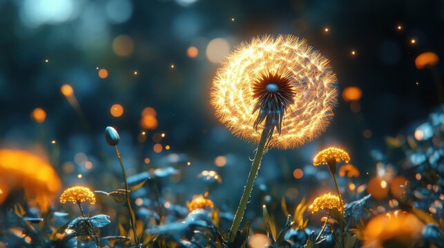 A stunning dandelion showcases intricate ornamentation, glowing softly against a dark backdrop while crickets serenade in the twilight ambiance.