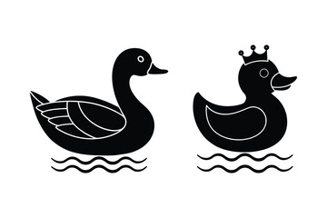 Swimming Duck and Crowned Duck Silhouette Icon Set Vector Illustration