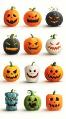 Colorful assortment of carved pumpkins displayed in various expressions during Halloween celebration
