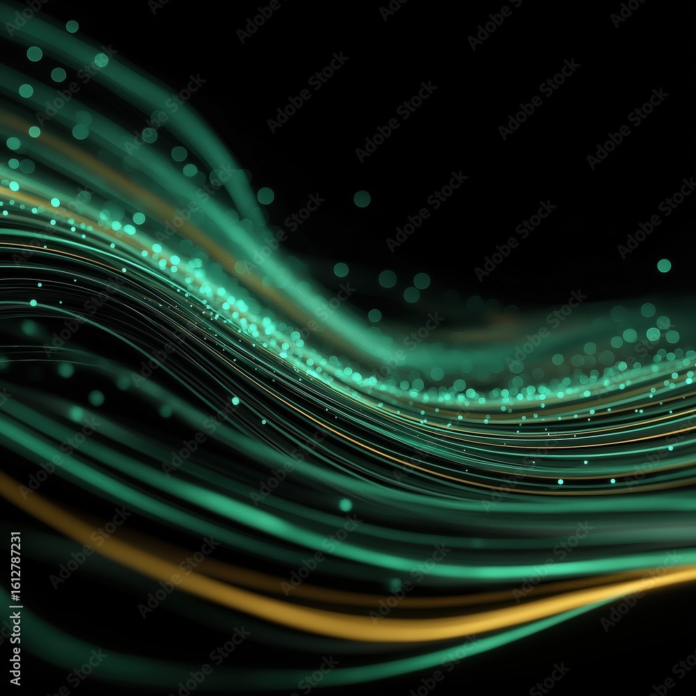 Poster abstract green and yellow flowing lines with glowing dots create a dynamic wave pattern on a black b
