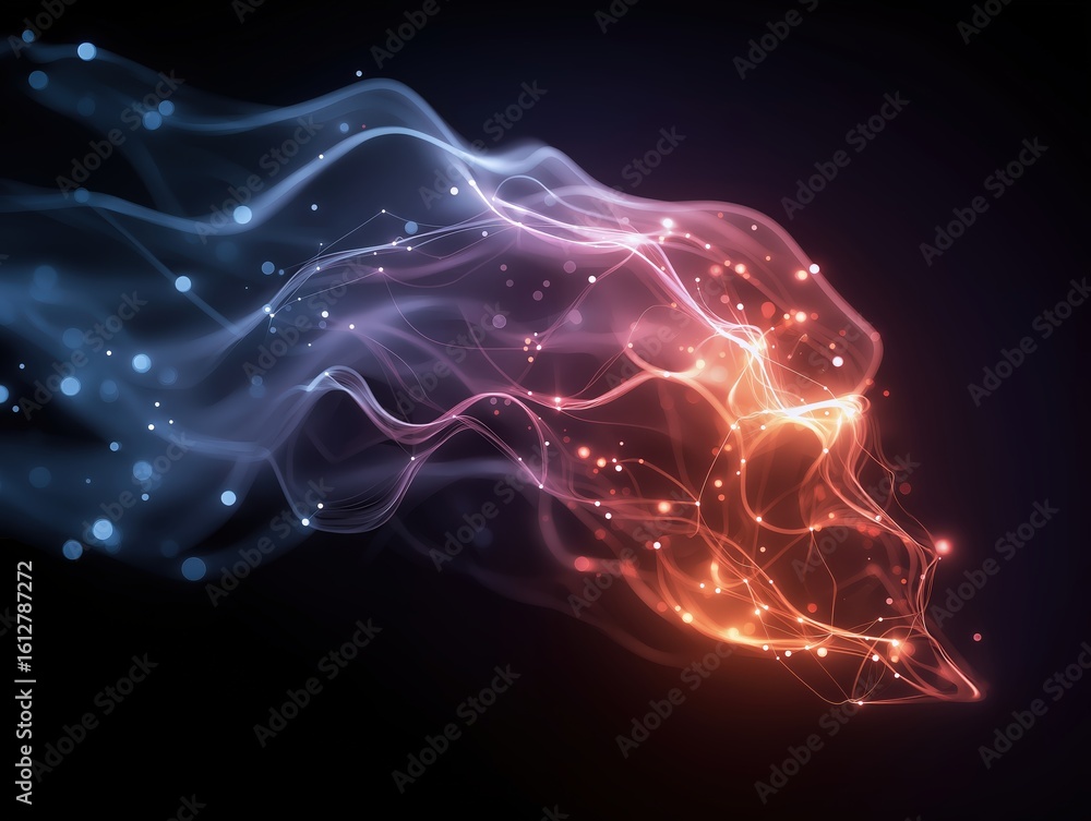 Poster abstract digital network with flowing blue and red light waves connected by glowing nodes, symbolizi