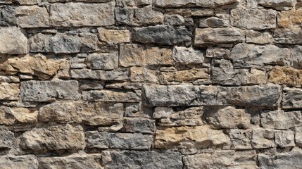 A sturdy wall composed of assorted stones displays a mix of textures and colors in earthy tones. This structure emphasizes durability and craftsmanship in construction.