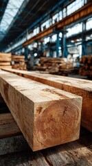 Wooden beams stacked in a warehouse, showcasing natural grain patterns under industrial lighting