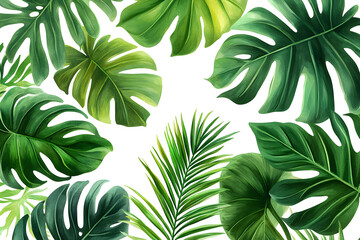 Exotic leaf seamless pattern in vector style with palm and monstera motifs on white backdrop, ideal for summer fashion, wallpapers, or tropical interiors