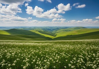 Naklejka premium Lush green rolling hills dotted with white flowers under a blue sky