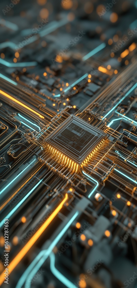 Poster close-up image of a futuristic microchip with glowing circuits and intricate electronic pathways on 