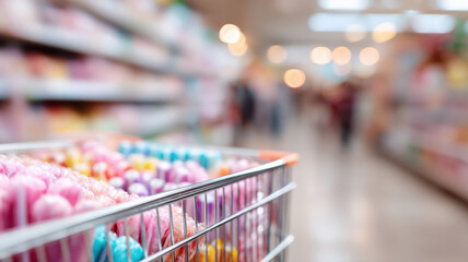 a shopping cart overflowing with colorful product