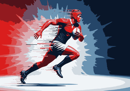 An energetic, stylized illustration of a rugby player sprinting with the ball, surrounded by a red, white, and blue splash effect.