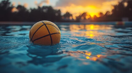A bright yellow water polo ball drifts gently on the clear blue water of a pool, surrounded by shimmering reflections under the sun on a warm day.