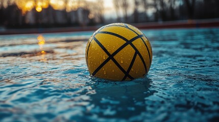 Water polo ball floating on the surface of a pool during a sunny afternoon