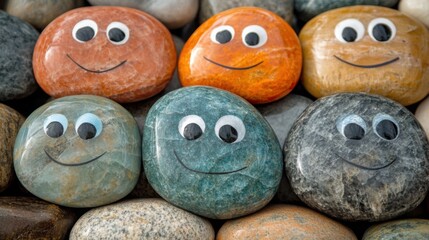Charming oval stones with cute cartoon faces in natural hues arranged creatively on a wooden display