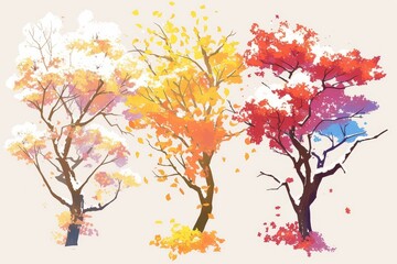 Simplified four-season tree series with bare winter branches, spring blossom clouds, summer leaf clusters, and autumn fruit canopy designs.
