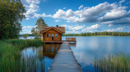 Cozy cottage by the tranquil lake surrounded by nature and blue skies with fluffy clouds
