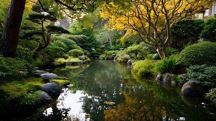 Tranquil water garden with lush foliage and stones.