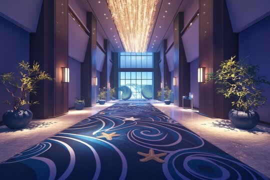 Simplified oceanic hotel design with starfish-shaped room keys and hallway carpets featuring wave patterns.