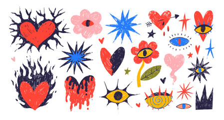 Girly funky punk hearts and eyes collection. Crayon drawn whimsical hearts with thorn, melting and burning. Punk and rock style crayon drawn shapes. Romantic grange tattoo. Graffiti doodle icons.