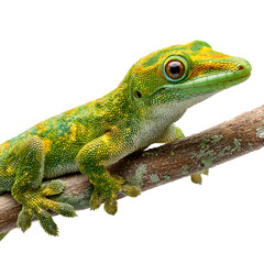 Fototapeta premium A vibrant green and yellow gecko clings to a branch on a transparent background on transparent background
