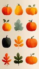 Colorful collection of pumpkins and autumn leaves showcasing fall harvest and seasonal celebration in a vibrant design