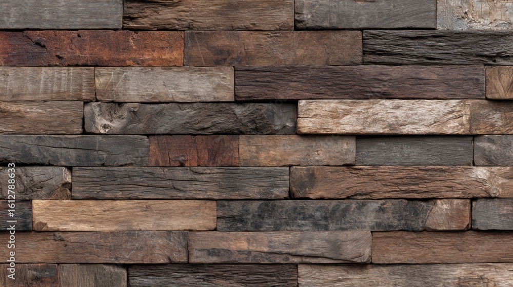 Poster a wooden wall showcases an array of textured planks in various brown shades, arranged methodically t