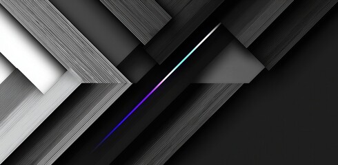 Obraz premium Abstract black and white geometric pattern with diagonal lines creating layered rectangular shapes and subtle hints of blue and purple light.