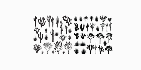 Print  A large group of black outlines depicting cacti, agaves, a Joshua tree, and prickly pears