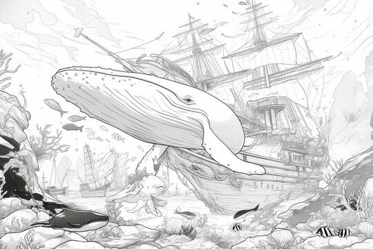 Minimalist line art scene combining whales, ships, mermaids, and treasures in a harmonious marine composition.