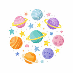 Fototapeta premium Funky crayon drawn planets, asteroids, stars and constellations