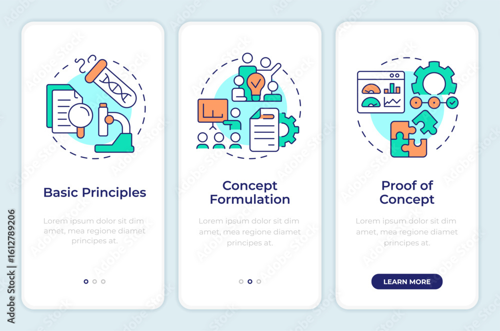 Sticker technology readiness levels onboarding mobile app screen. management. walkthrough 3 steps editable g