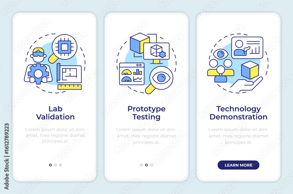 Poster levels of technology readiness onboarding mobile app screen. walkthrough 3 steps editable graphic in