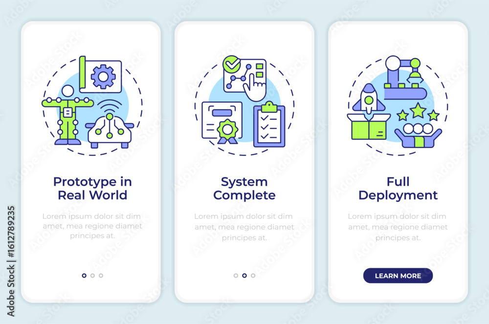 Poster technology readiness levels onboarding mobile app screen. deployment stage. walkthrough 3 steps edit
