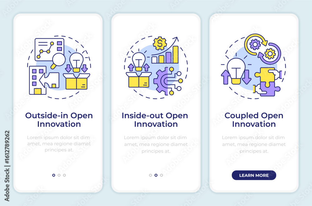 Poster models of open innovation onboarding mobile app screen. rd management. walkthrough 3 steps editable 