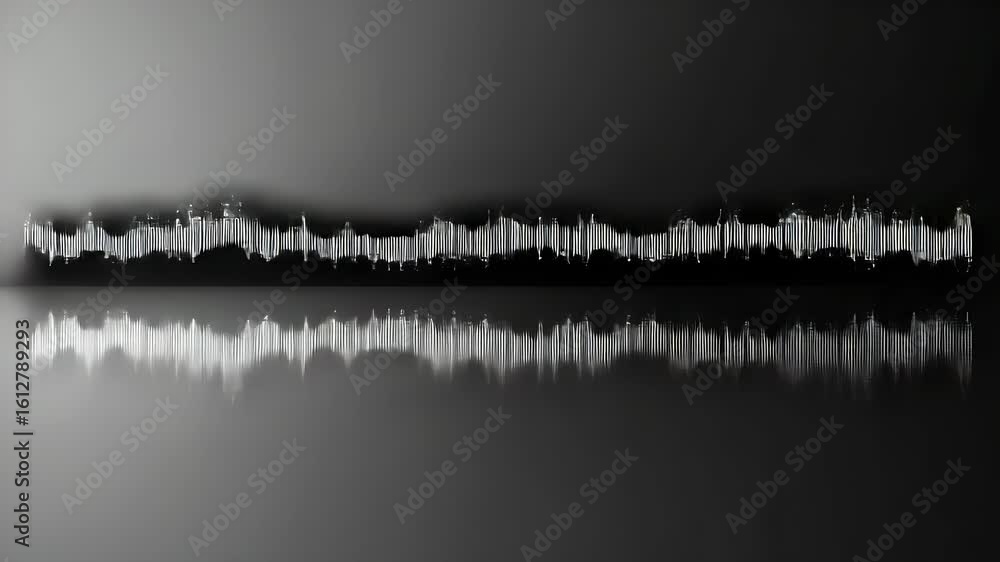Poster a monochromatic visual featuring vertical, reflective lines resembling sound waves, creating a seren