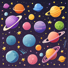 Funky crayon drawn planets, asteroids, stars and constellations